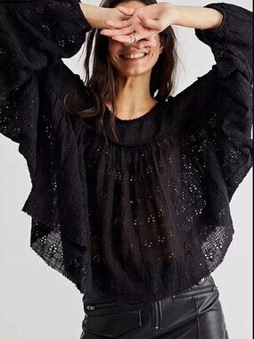 Free People FP One Claire Top Eyelet Embroidered Black Scoop Neck Blouse XS